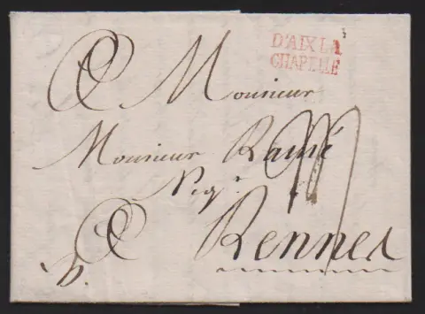 "Aachen", 1788, červený L2 "D'AIX LA CHAPELLE" na dopise (z Barmenu) do Rennes, dále rukopisný L1 "Aix la Ch:" na dopise 1792 (ze Stolbergu) do Bolzana