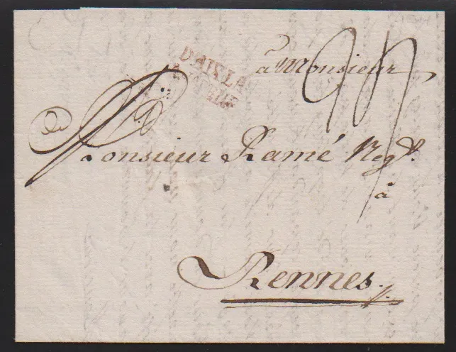 "Aachen", 1789, roter L2 "D' AIXLA CHAPELLE" auf Auslandsbrief nach Rennes, sowie roter L2 "103 AIX-LA-CHAPELLE" auf Brief (aus Burtscheid 1804, kl.…