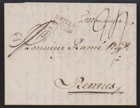 "Cáchy", 1789, červený L2 "D' AIXLA CHAPELLE" na zahraničním dopise do Rennes, plus červený L2 "103 AIX-LA-CHAPELLE" na dopise (z Burtscheid 1804, malé známky použití)