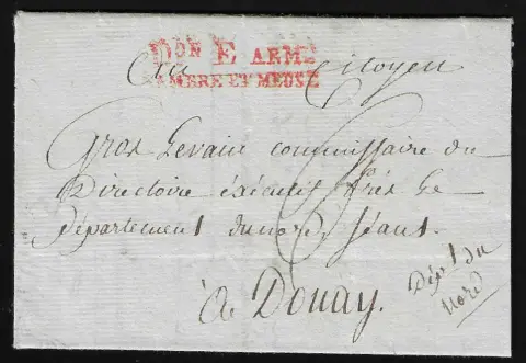 "Cáchy", 1790, vzácný francouzský polní dopis s červeným L2 "D.ON E ARM. SAMBRE ET MEUSE"