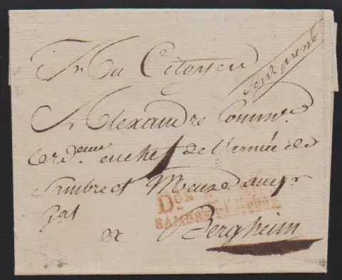 "Cáchy", 1795, červený L2 "D.ON E ARM. SAMBRE ET MEUSE" na dopise do Bergheimu, krásná tištěná hlavička "Liberté, Egalité, Fraternité"