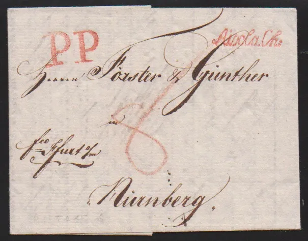 "Cáchy", 1798, jasný červený rukopisný L1 "Aix la Ch." spolu s "PP" na luxusním dopise do Norimberka (z Burtscheid)