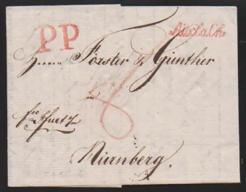 "Cáchy", 1798, jasný červený rukopisný L1 "Aix la Ch." spolu s "PP" na luxusním dopise do Norimberka (z Burtscheid)