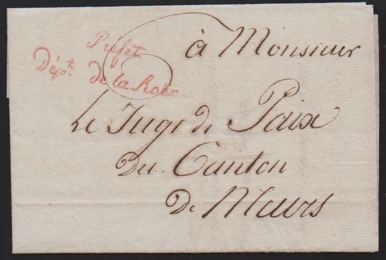 "Cáchy", 1810/12, dva dopisy z doby francouzské okupace, místní dopis a dopis prefekta do Moers, každý s různými frankovacími razítky v červené barvě