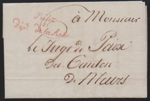"Cáchy", 1810/12, dva dopisy z doby francouzské okupace, místní dopis a dopis prefekta do Moers, každý s různými frankovacími razítky v červené barvě