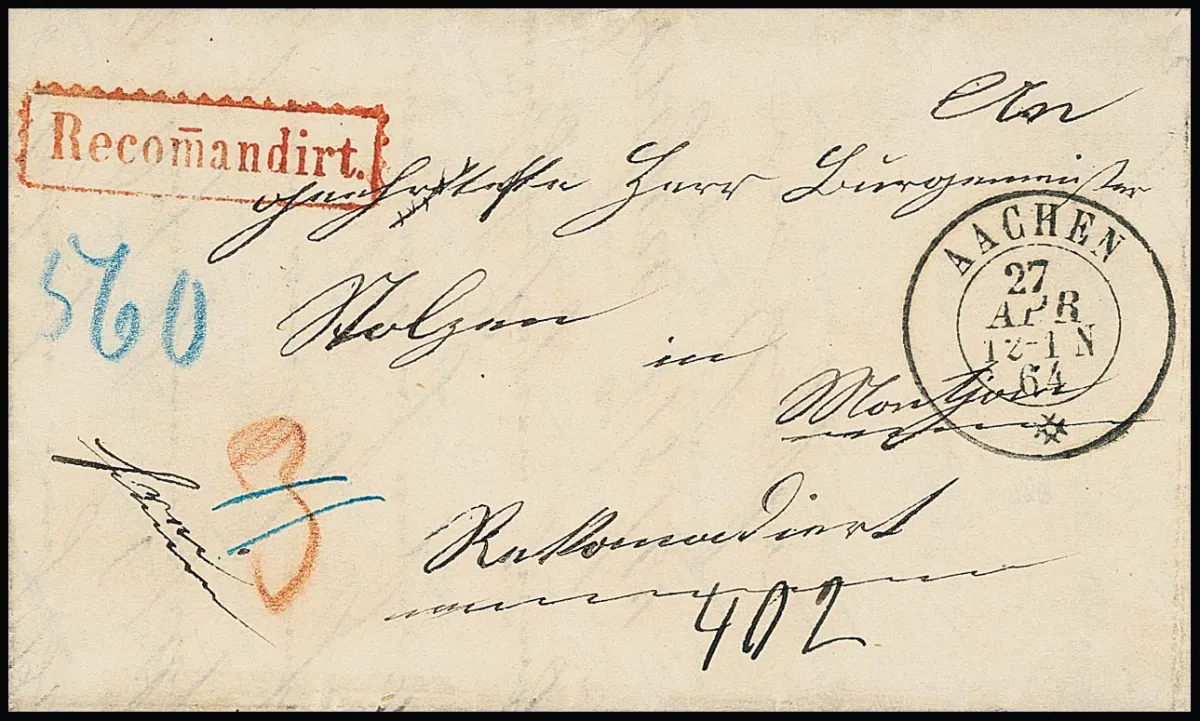 "Aachen", K2 in seltener belgischer Versuchstype v. 27.4.1864 klar auf frischem Recobriefchen nach Monschau