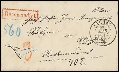 "Aachen", K2 ve vzácném belgickém zkušebním typu z 27.4.1864 jasně na čerstvém doporučeném dopise do Monschau