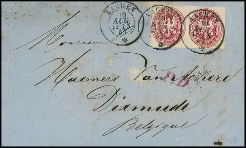 "Aachen", vzácný K2 v belgickém zkušebním typu (19.8.1864) jasně na dopise (mírně skvrnitém) s párem 1 Sgr. do Dixmende/Belgie, na zadní straně příchozí K2