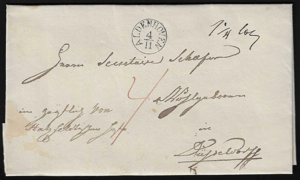 "Aldenhoven", 1835, sehr klarer K1 auf Luxusbrief nach Düsseldorf, Feuser 100,-