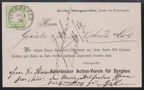 "Aplerbeck", 1874, opětovně použitý K2 na tiskové kartě (dolu "Zeche Margaretha") s bezvadnou 1/3 Gr. zelenou, velký štít. Fotografická expertiza Zill