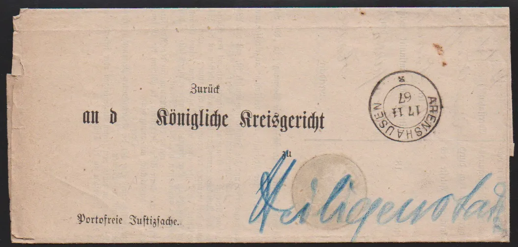 "Arenshausen", K2 v. 17.11.67 in seltener neuer Grotesk-Sondertype klar auf Postbeh.-Schein