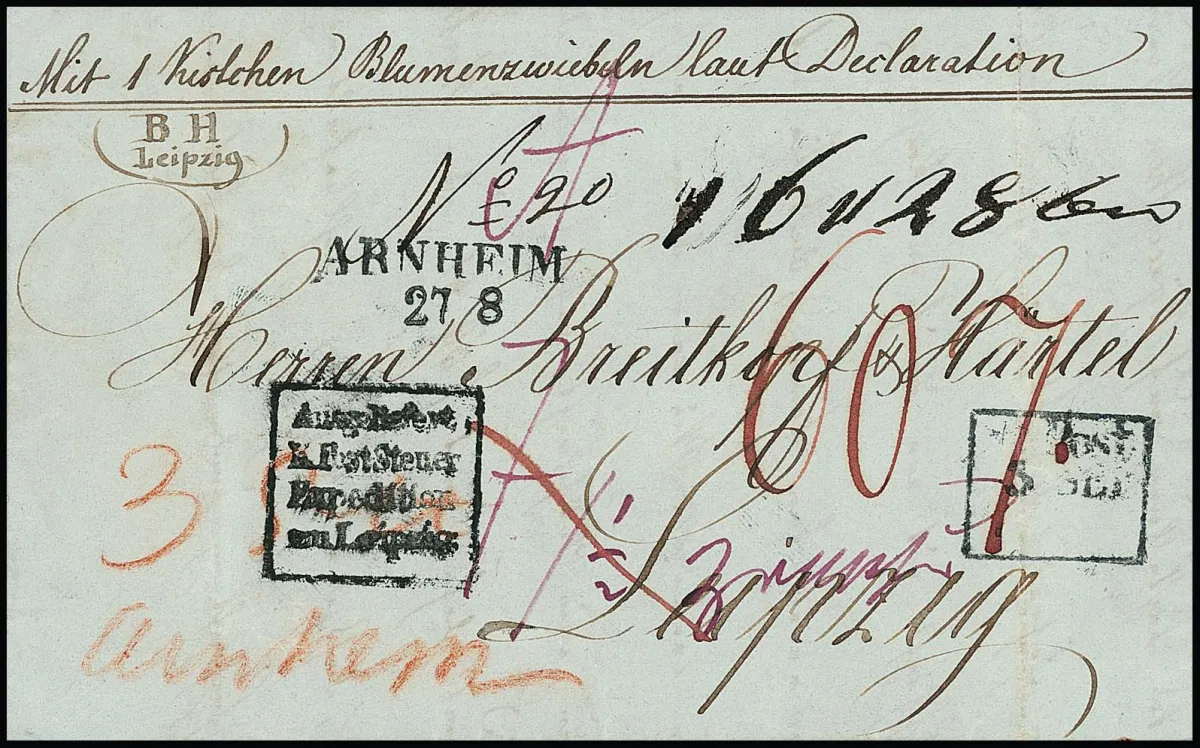 "Arnheim", 1841-1846, klarer L2 bzw. K1 auf zwei dekorativen Paketbegleitbriefen aus Amsterdam nach Cöln bzw. Leipzig, dazu ein Paketbrief aus Amsterdam mit…