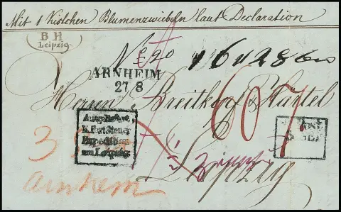 "Arnheim", 1841-1846, jasný L2 nebo K1 na dvou dekorativních průvodních listech zásilek z Amsterdamu do Kolína nad Rýnem nebo Lipska, navíc balíkový list z Amsterdamu s...