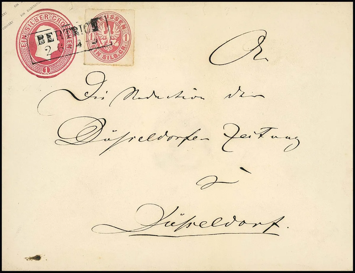 "Bertrich", rare Ra2 sur grand entier postal 1 Sgr. carmin (émission tête) avec armoiries 1 Sgr. carmin, rare affranchissement mixte de mêmes valeurs