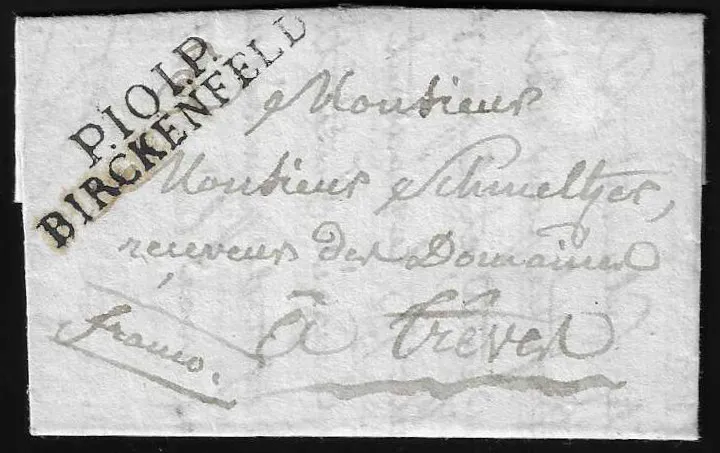 "Birkenfeld", 1810, jasné L2 "101 BIRCKENFELD" a "P.101.P. BIRCKENFELD" na dvou kabinetních dopisech z Kuselu a Rhaunenu, Feuser 850,-