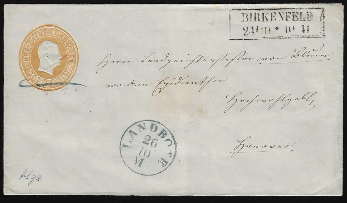 "Birkenfeld", Ra2 clair avec K1 bleu "Landbote" sur enveloppe entière 3 Sgr. jaune pour Hanovre