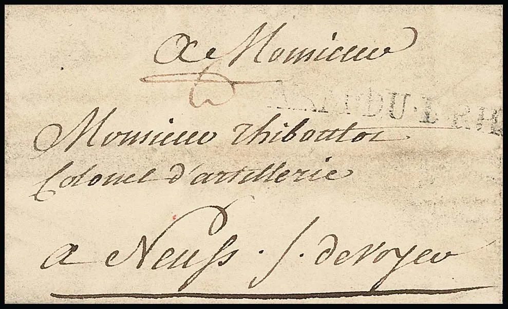 "Bockum" près de Krefeld, 1761, rare petite lettre de poste militaire française de la guerre de Sept Ans avec L1 "ARM. DU. B. RHIN" pour Neuss
