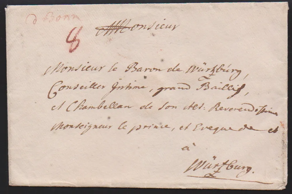 "Bonn", (1778), L2 "DE BONN SUR LE RHIN" sur lettre de noblesse décorative au duc Joseph Friedrich de Saxe, ainsi que le petit cor de poste K1 sur enveloppe de noblesse…