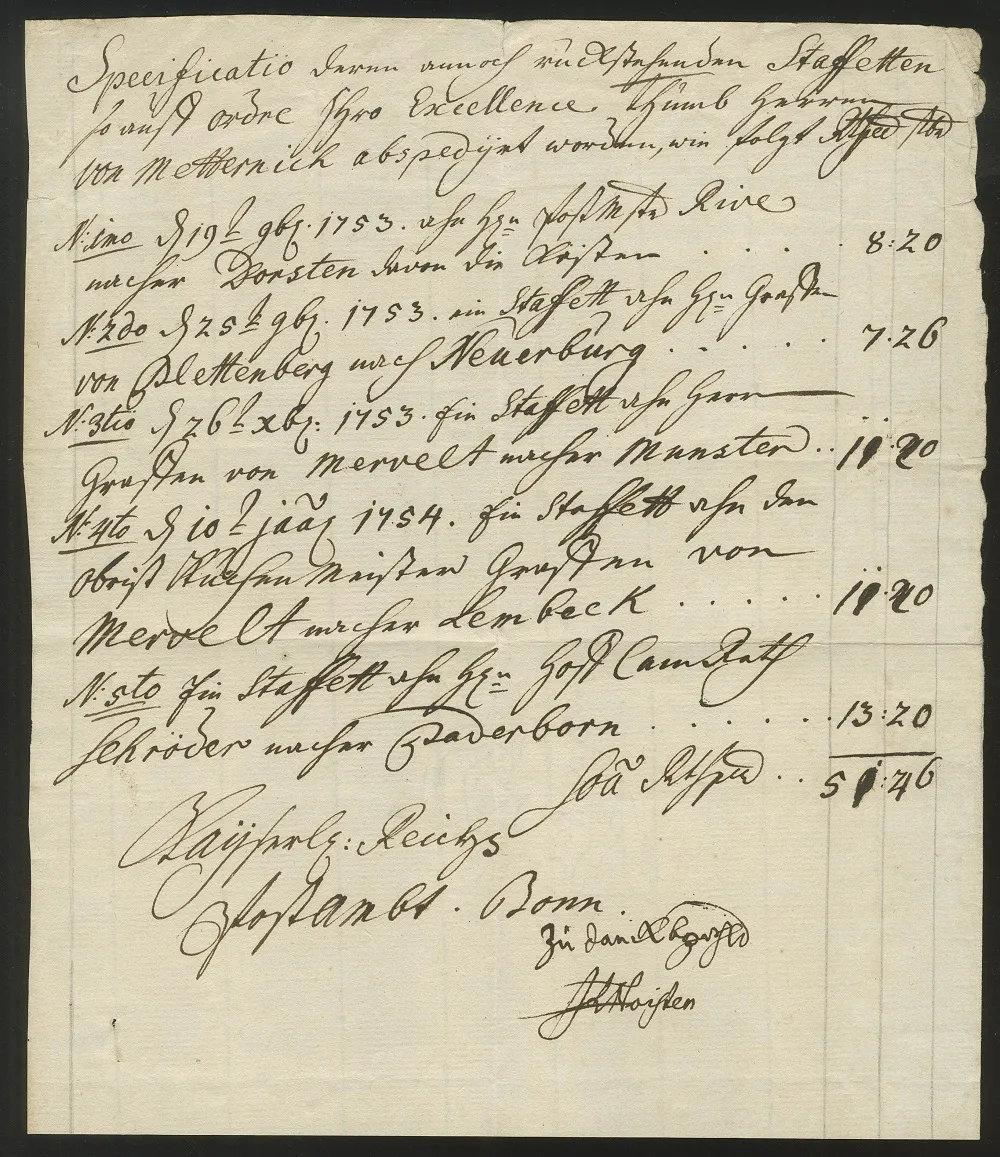 "Bonn", 1753, "Kayserl. Reichs-Postambt", dekorativní rukopisný účet estafetních poplatků (celkem 51 Reichsthalerů a 46 grošů)