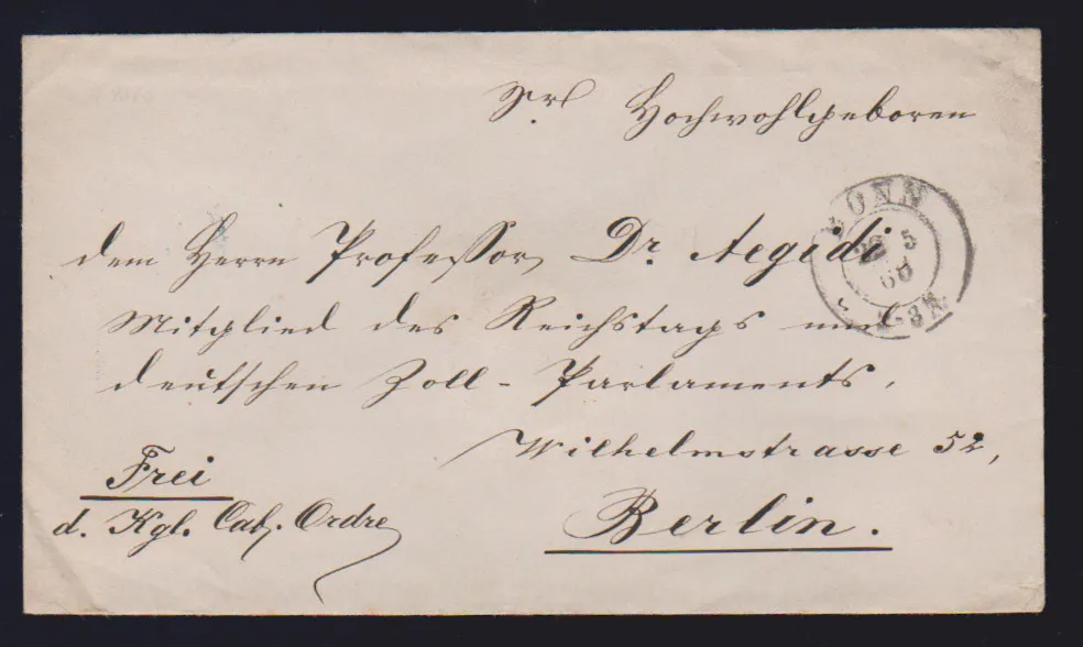 "Bonn", 1868, K2 na bezplatné obálce ("Frei d. Kgl. Cab. Ordre", na rubu horní čtvrtina chlopně ne zcela kompletní) prof. Dr. Aegidimu, "Mitglied des…