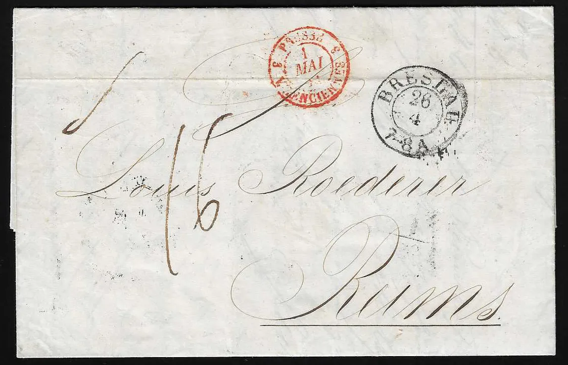 "Breslau", 1851, K2 sur lettre magnifique pour Reims, au verso entre autres sept cachets de poste ferroviaire record