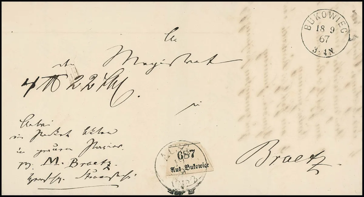 "Bukowiec", 1867, à l'époque prussienne rare nouveau K1 grotesque clair sur lettre d'accompagnement de colis