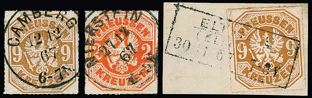 "Camberg", "Nierstein" (chacun nouveau K1 grotesque), "Eltville" ("Eltfeld"), Ra3 grotesque, chacun propre sur 2 Kr. orange resp. 9 Kr. brun ocre (un fragment de lettre)