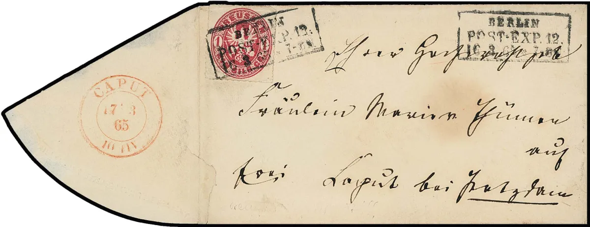 "Caput", 1865 (17.3.), rare K2 rouge de la poste auxiliaire clair au verso sur enveloppe avec 1 Sgr. armoiries (en haut légèrement froissé) de Berlin à Caput près de Potsdam