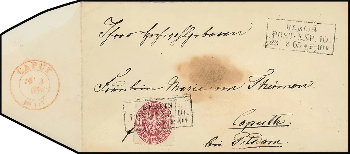 "Caput", cachet rouge clair K2 de la poste auxiliaire, du 24.3.1864, sur enveloppe (centre avec affranchissement typique) avec 1 Sgr. parfait de Berlin