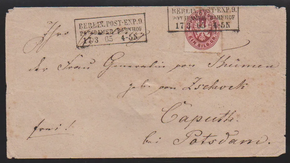 "Caput", cachet rouge clair K2 de la poste auxiliaire, du 18.3.1865, sur lettre légèrement tachée 1 Sgr. avec Ra3 "Berlin Post-Exp. 9 Potsdamer Bahnhof"