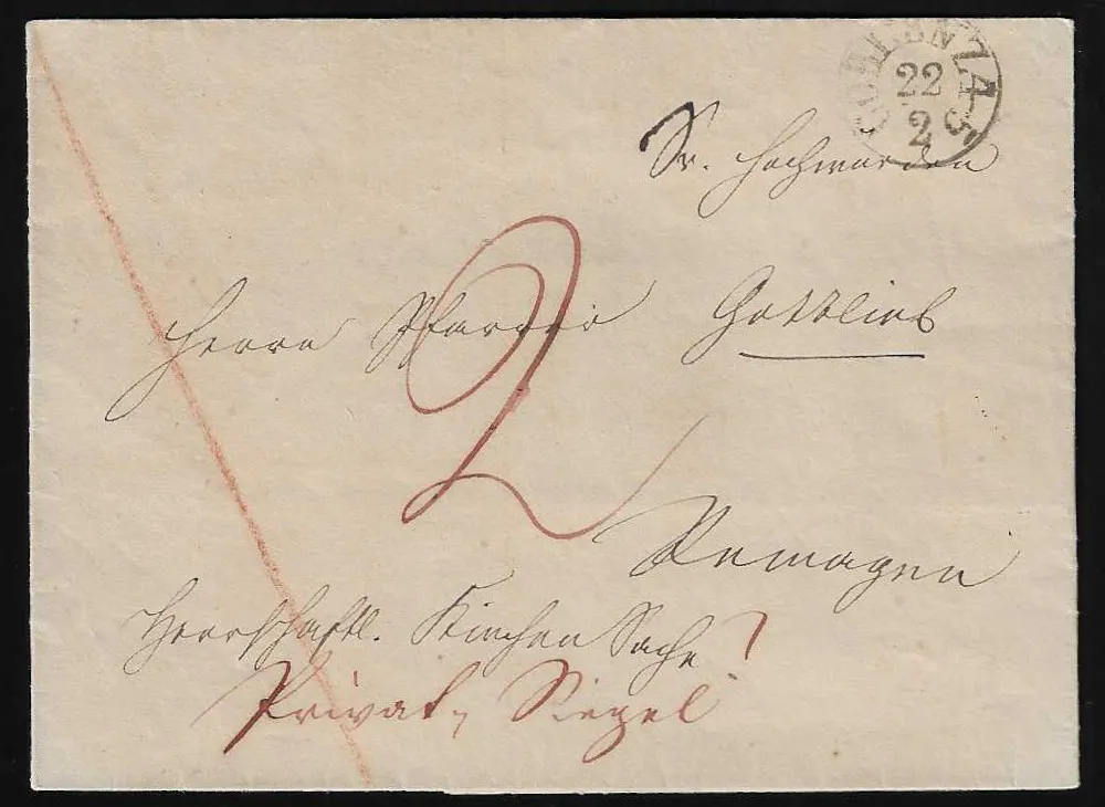 "Coblenz", (1835), K1 sur lettre pour Remagen, d'abord déclarée port franc comme "herschaftl. Kirchen Sache", puis contestée avec la mention "Privat Siegel!" et taxée