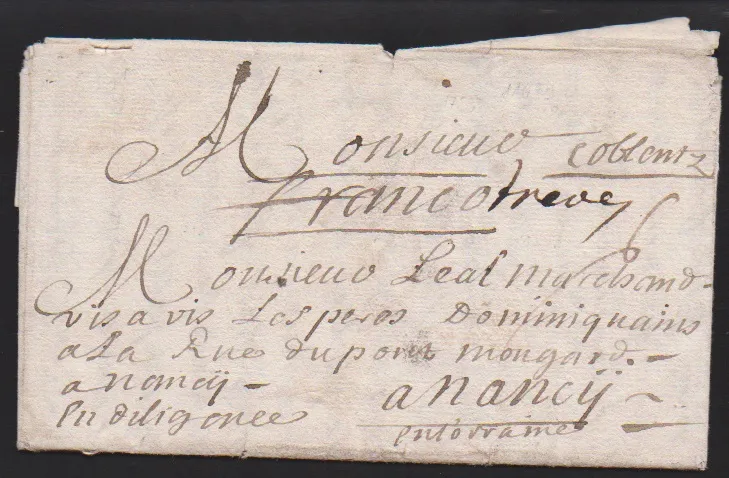 "Coblenz", 1712, rané ručně psané podání na dopise "en diligence" do Nancy s obsahem