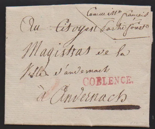 "Coblenz", 1796, jasný červený L1 "COBLENCE" na dopise s obsahem, Feuser 592-2