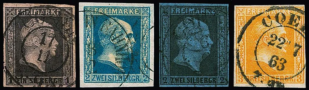 "Cöln Rhein Bahnhof", oblitération partielle du rare K1 sur 2 Sgr. réparé, ainsi que 3 Sgr. avec K2 "Coeln" et année "63", plus K2 local sur 1 Sgr., 1re émission…