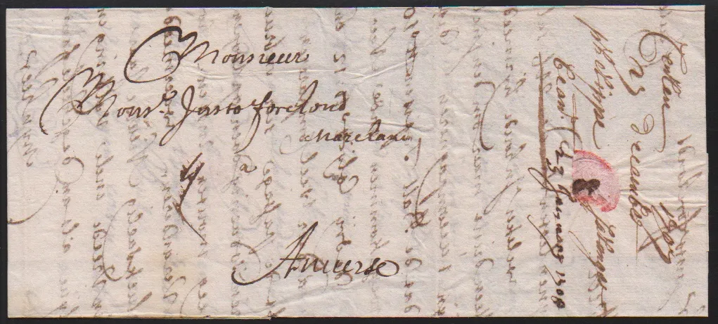 "Cöln", 1707, deux lettres anciennes transportées par la poste affermée Jaupain vers Anvers
