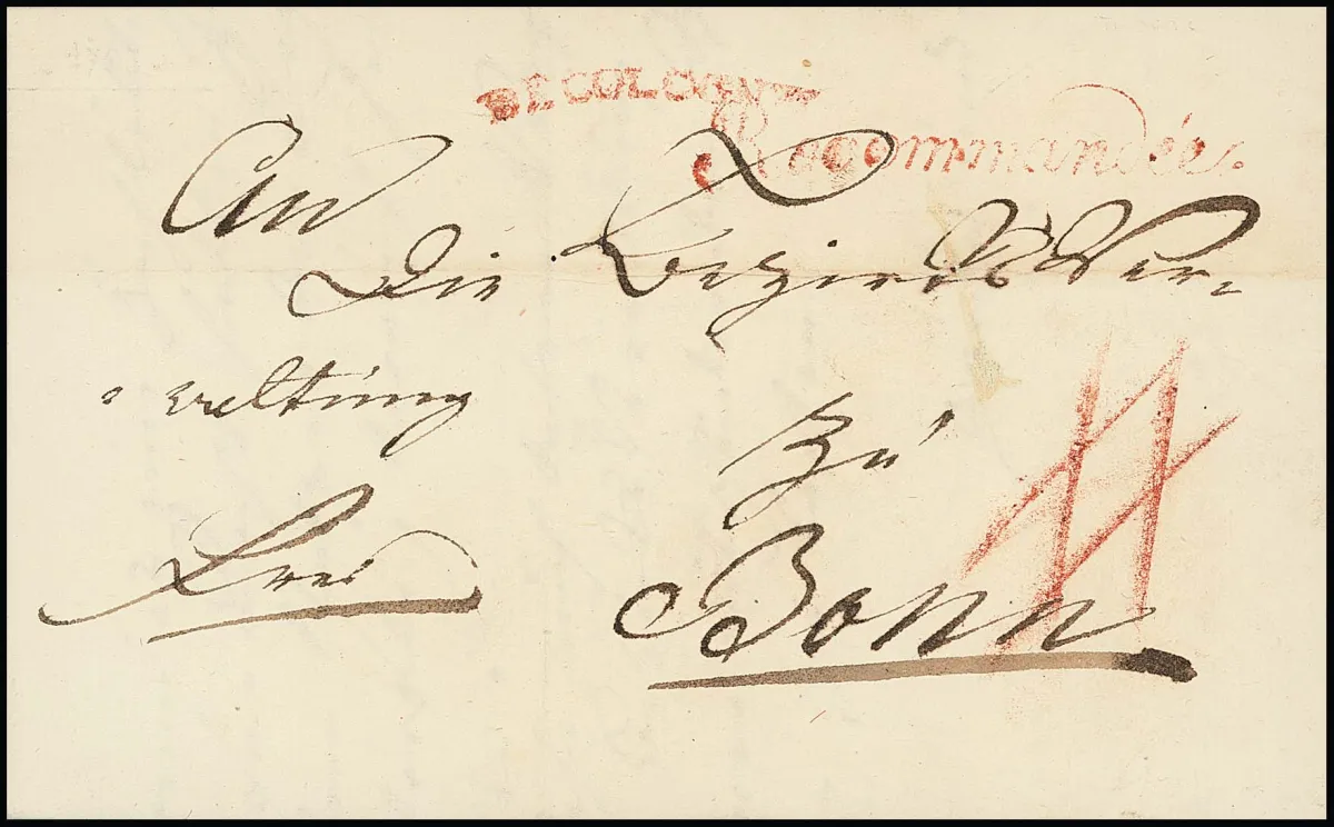 "Cöln", 1795, gebogen L1 "DE COLOGNE", evenals L1 "Recommandee", beide in rood, op brief naar Bonn