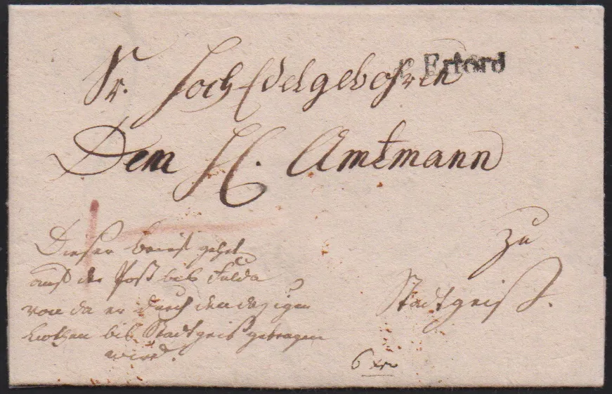 "Erfurt", 1787, premier L1 "d 'Erford" clair sur lettre avec contenu, manuscrit "Cette lettre va à la poste près de Fulda de là par son propre messager jusqu'à…