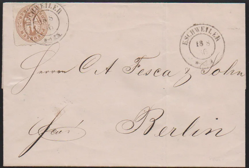 "Eschweiler", K2 en type spécial clair sur lettre 1866 avec 3 Sgr. pour Berlin