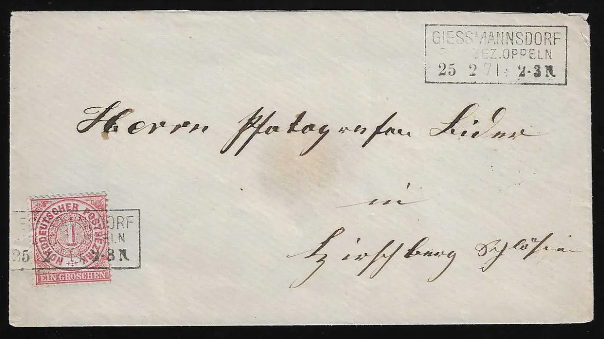 "Giessmannsdorf Reg. Bez. Oppeln", clair Grotesk-Ra3 sur enveloppe de cabinet 1 Gr. NDP