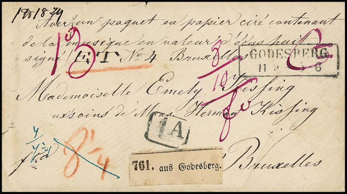 "Godesberg", (1860), Ra2 sur lettre d'accompagnement de colis étranger rare (enveloppe usure typique, au verso manque une partie du quart supérieur du rabat) pour Bruxelles/Belgique avec taxes modifiées