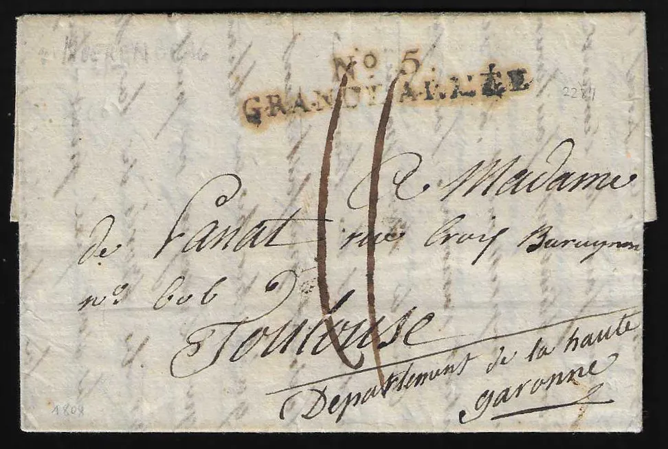 "Graudenz", 1808, rare lettre de poste militaire française de la Grande Armée avec L2 "No. 5 GRANDE ARMÉE"