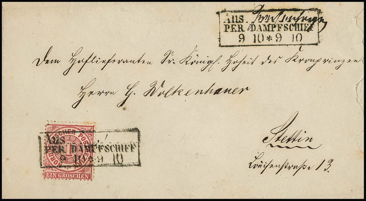 "Greifenhagen", manuscrit en Ra3 "Aus ... per Dampfschiff" clair sur lettre NDP 1 Gr. pour Stettin (à droite un peu mal ouvert et léger brunissement)