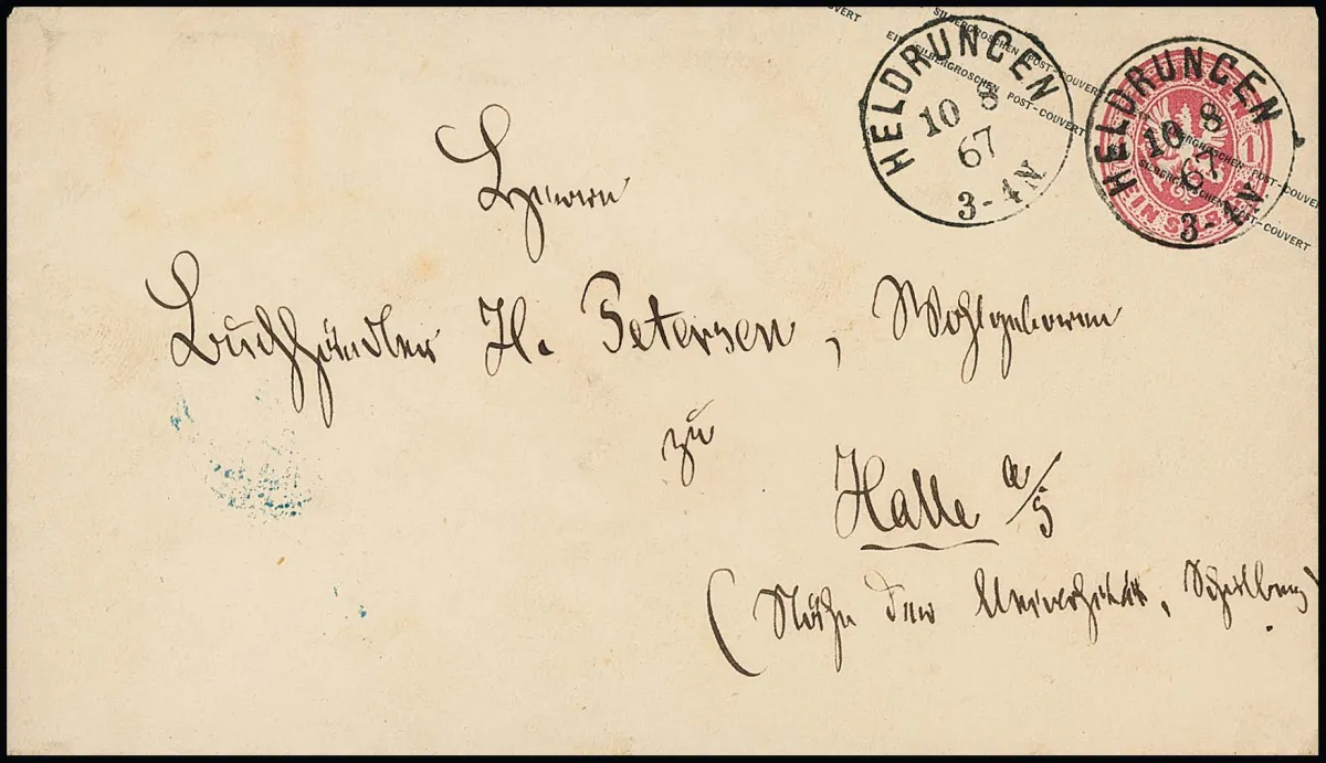 "Heldrungen", rare nouvelle grotesque-K1 claire sur entier 1 Sgr. rose 1867, superbe