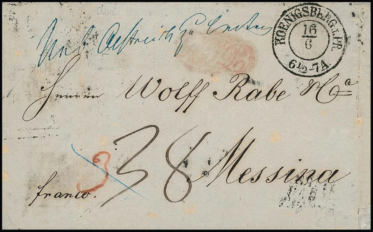 "Koenigsberg i. Pr.", 1853, K2 sur lettre pour l'étranger vers Messine/Sicile, au recto ms. "Ueb. Oestreich zu leiten" et au verso neuf (!!) cachets de poste ferroviaire différents