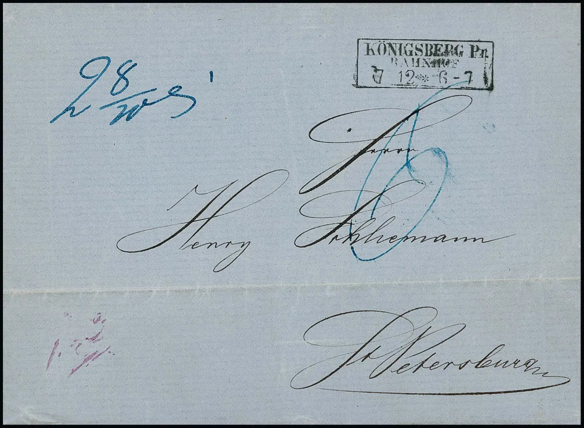 "Königsberg Pr. Bahnhof", 1855, Ra2 sur rare lettre pour l'étranger de la 3e classe de poids vers Saint-Pétersbourg/Russie, taxe "6" Sgr.