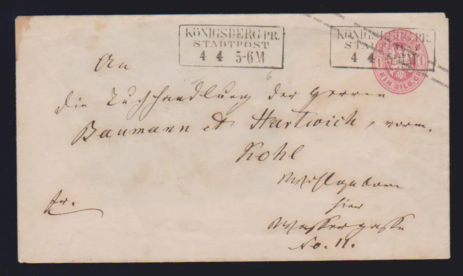 "Königsberg Pr. Stadtpost", au recto Ra3 comme oblitération, au verso le K2 de collecte de lettres "ST. PR. 20 No. 1" (anciennement Berlin) sur entier au blason 1 Sgr. rose (verso incomplet) comme lettre locale