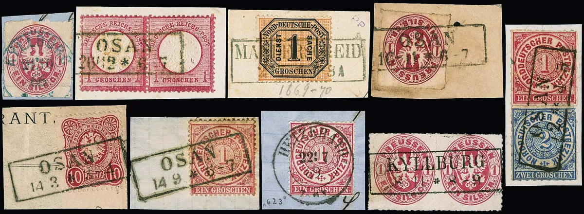 "Kyllburg", Ra2 avec K1 bleu sur 1 Sgr. carmin, plus cinq autres timbres détachés et 20 fragments de lettres avec cachets Eifel ou Mosel (dont paires et bandes de trois)