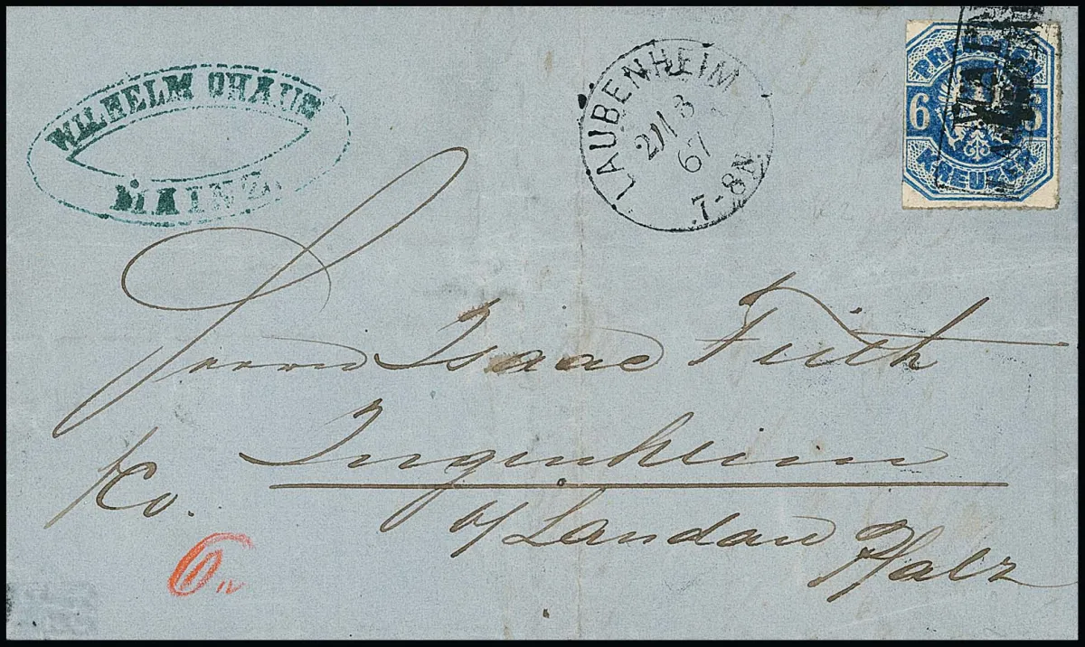 "Laubenheim", le rare nouveau K1 grotesque apposé à côté (selon Feuser introduit seulement en 10/67, mais ici déjà en usage provisoire rare en août), le timbre oblitéré avec le Ra2 de dépôt postal "Mainz-Laubenheim", sur lettre pliée avec 6 Kr. bleu (ciseaux à gauche). Une combinaison rare !