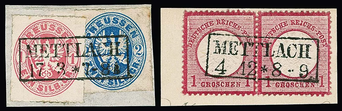 "Lebach", "Merzig", "Mettlach" etc., cinq timbres détachés et 17 fragments de lettres Prusse jusqu'à Empire allemand avec cachets prussiens de la Sarre
