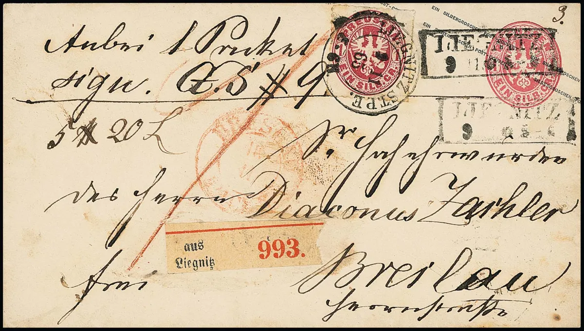 "Liegnitz St.P.E.", K2 comme oblitération de timbre, le timbre-poste avec Ra2 "Liegnitz", sur entier 1 Sgr. rose avec ZuF 1 Sgr. comme accompagnement de colis
